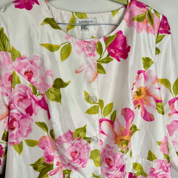 Danillo Woman Floral Textured Satin Long Blazer 3/4 Sleeve Button Up Elegant 20W - Picture 4 of 14